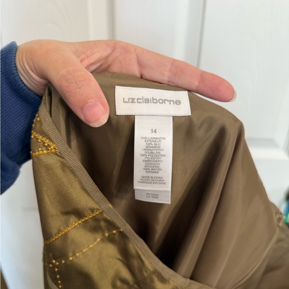 Liz Claiborne 100% Silk Skirt Midi Flare A Line 14 Floral Sequin Gold Olive - Picture 6 of 6